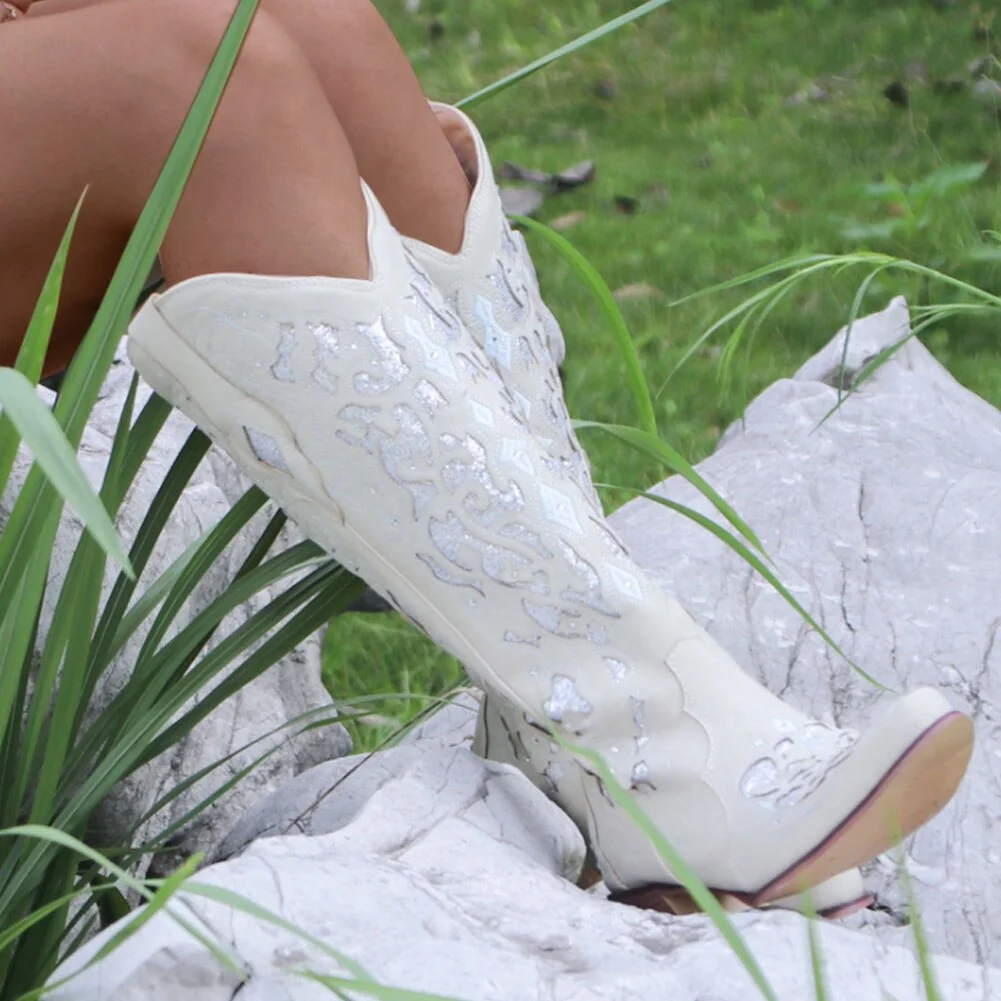 BONJOMARISA Classic Pointed Toe Chunky Heel High Quality Women Western Boots Cowboy Walking Casual Embroidery Ladies Shoes