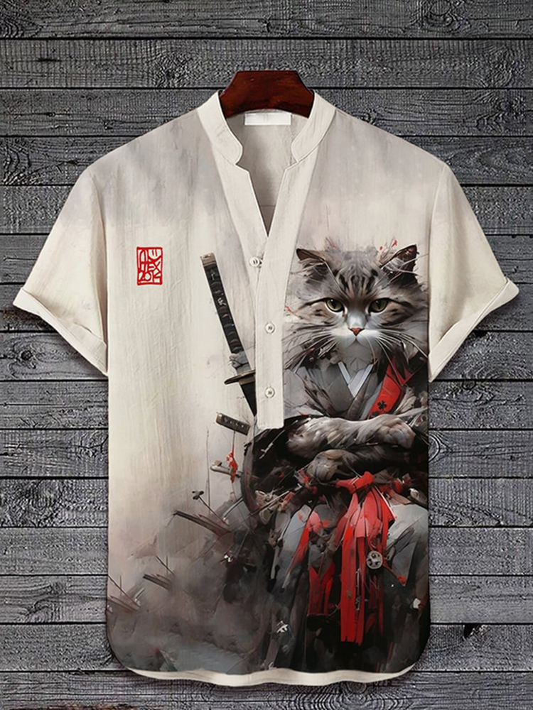 Comstylish Japanese Warrior Cat Art Linen Blend Cozy Shirt