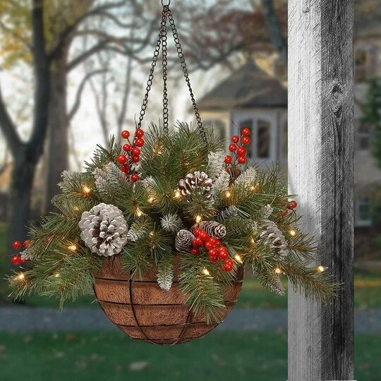 💐Pre-lit Artificial Christmas Hanging Basket - Flocked with Mixed Decorations and White LED Lights - Frosted Berry 