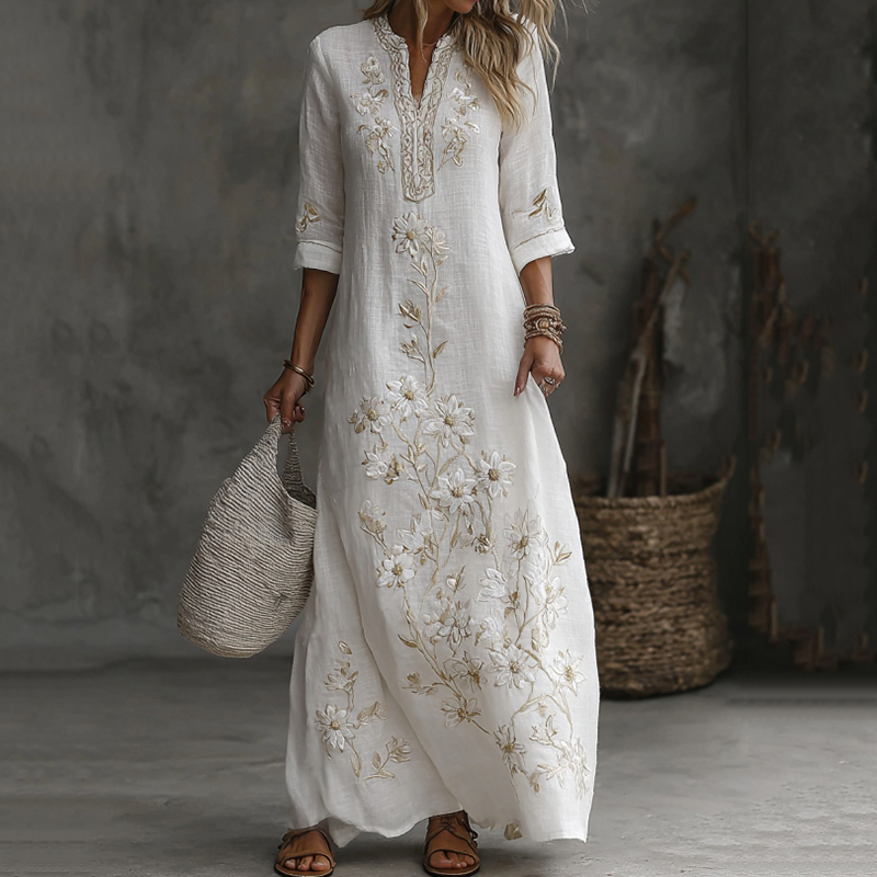 Japanese Floral Art Embroidered Casual Linen V Neck Maxi Dress wearshes