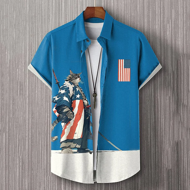 Vintage Fun American Flag Cat Warrior Art Print Hawaiian Short Sleeve Shirts