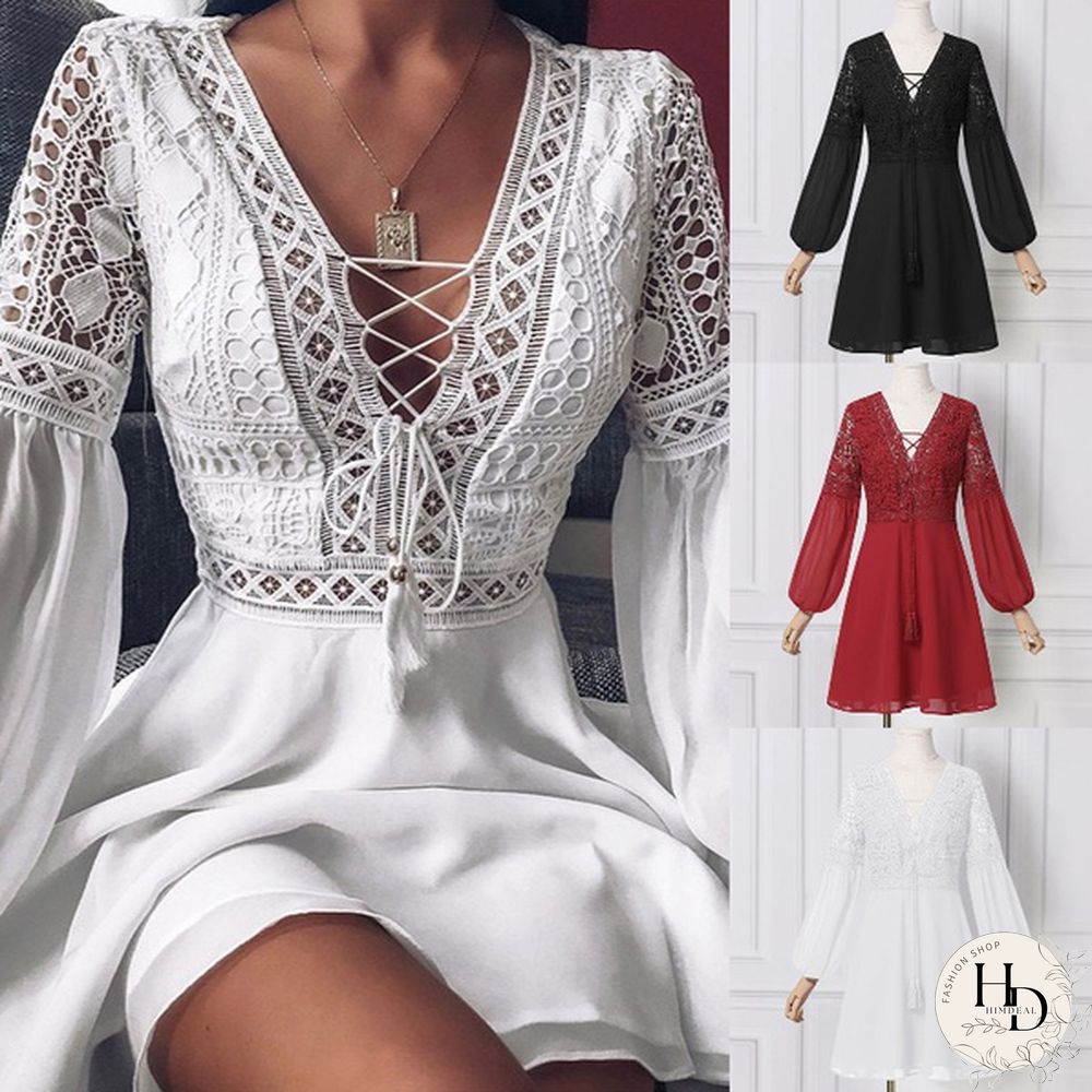 Womens Lace Stitching Lace Up Mini Dress Lantern Long Sleeve V Neck Evening Party Casual Loose Elegant A Line Dress Plus Size