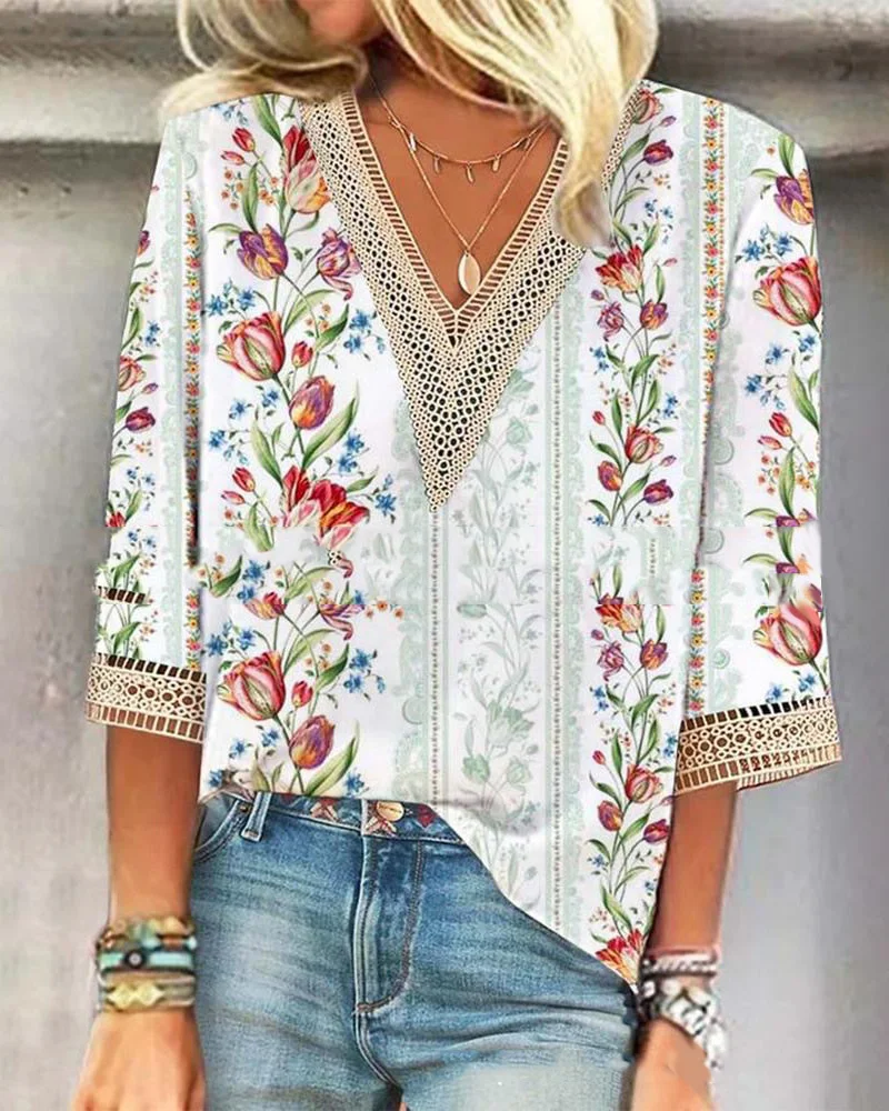 Fashion Print Casual V-neck Long Sleeve Top