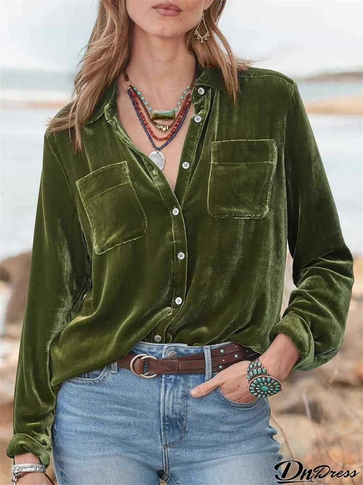 Autumn Retro Long Sleeve Button Down Velvet Shirts for Women