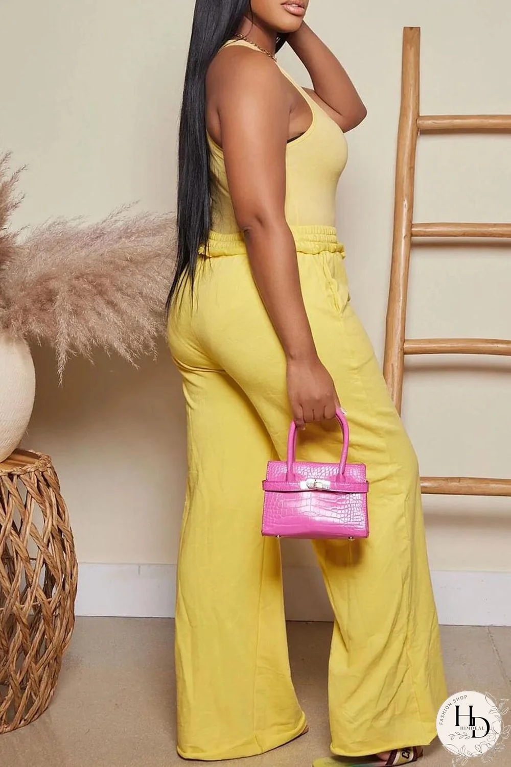 Yellow Casual Solid Ripped Patchwork U Neck Sleeveless Two Pieces