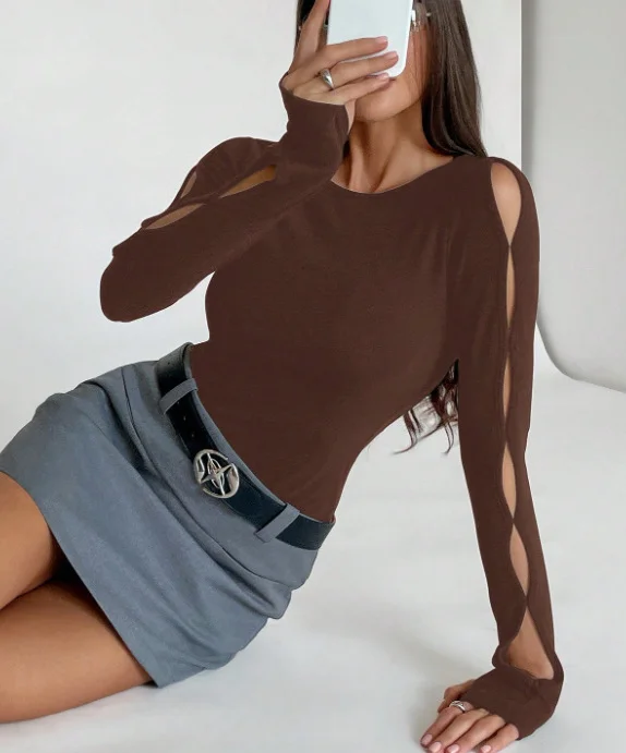 Nigikala Nigikala Women's Casual Long-Sleeved Round-Neck Solid-Colored Hollow T-Shirt