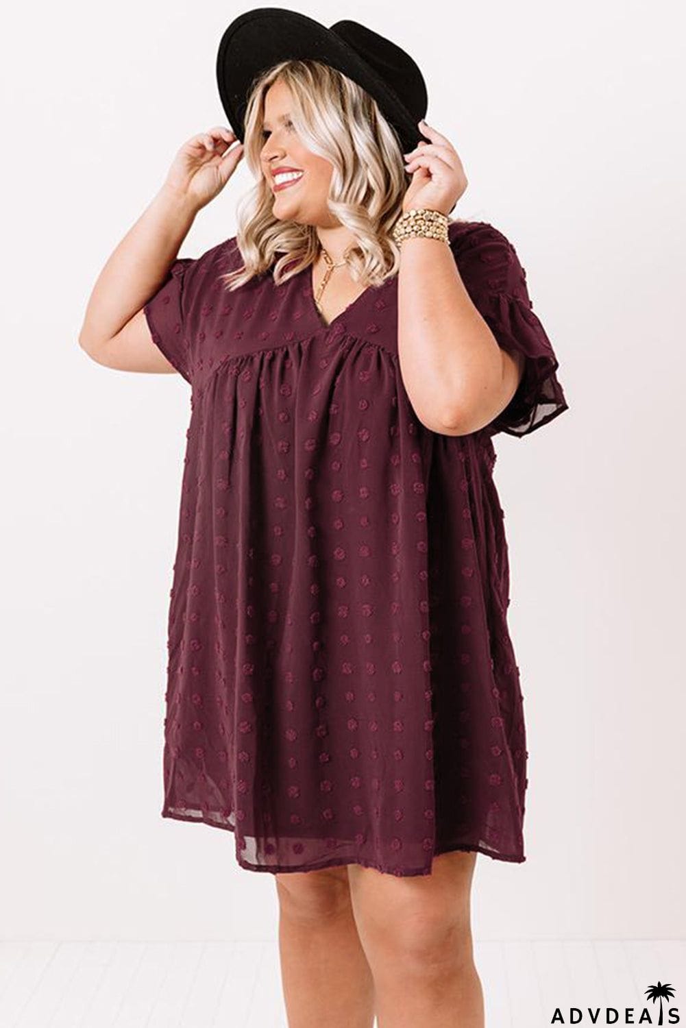Plus Size V Neck Ruffle Swiss Dot Mini Dress with Pocket