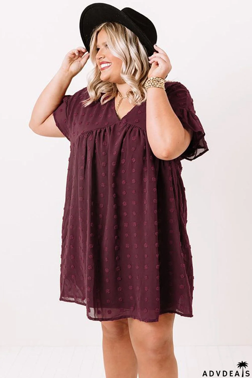 Plus Size V Neck Ruffle Swiss Dot Mini Dress with Pocket