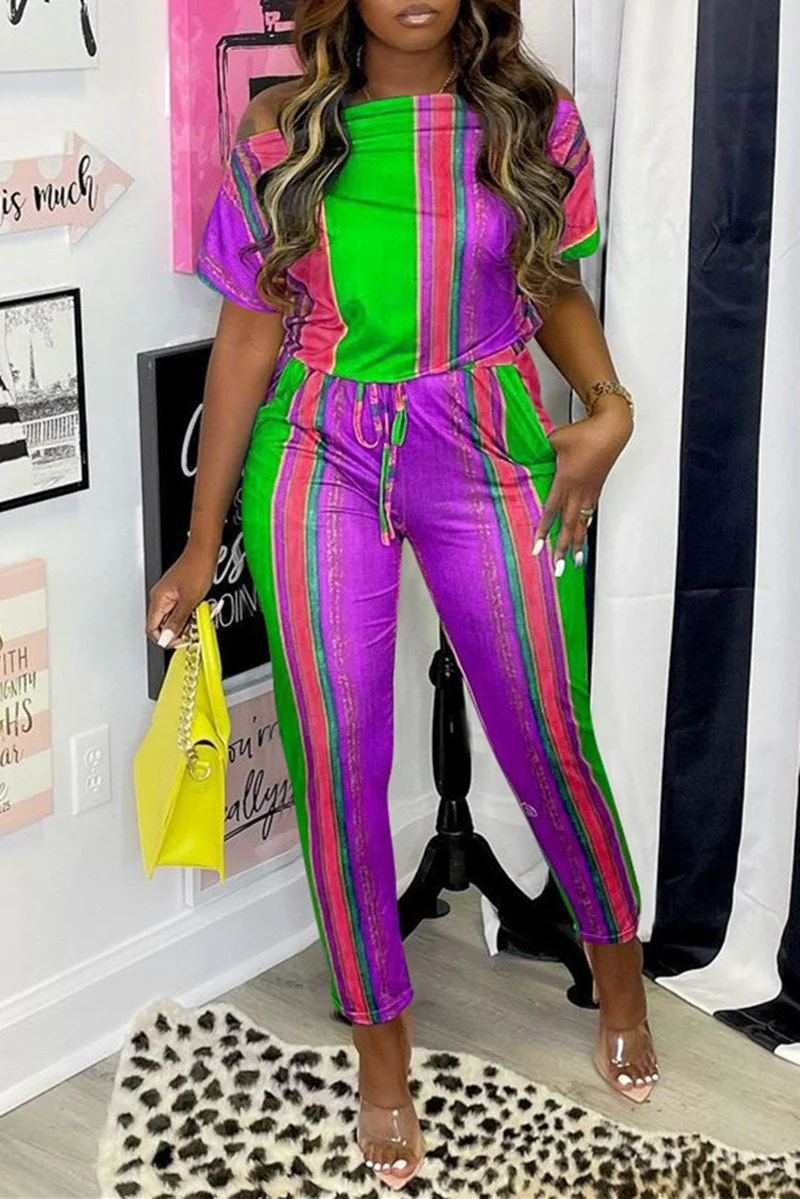 Fashion Casual Print Basic Off the Shoulder Regular Jumpsuits