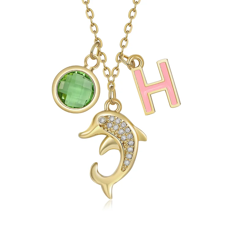 Personalized Dolphin Birthstone Necklace Custom 1 Initials Necklace For Kids