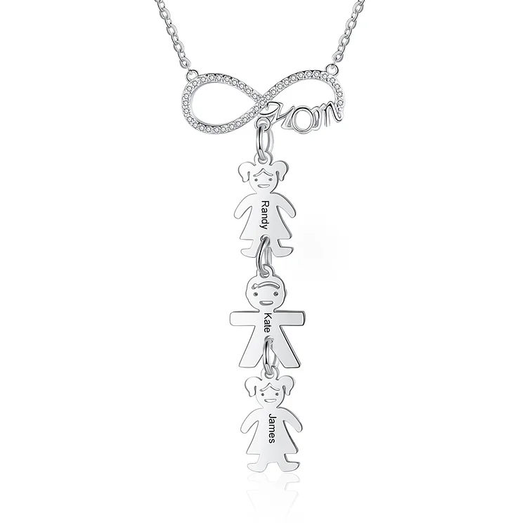 Infinity Necklace with 3 Kid Charms Engraved Names Mom Necklace