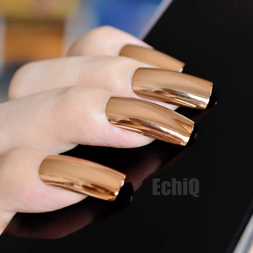 Extra Long Press On Nails Glossy Champagne Mirror Acrylic Nail Tips Square Top 20pcs/kit-Nail Inspo