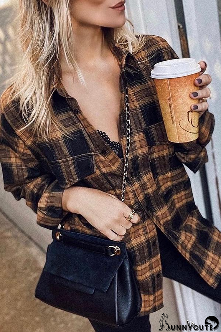 Hip-Length Long Sleeve Plaid Lapel Shirt