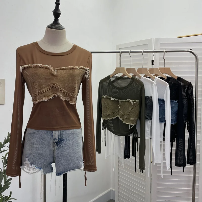 Uveng Vintage Spice Girls Stomee Net Yarn Sexy Perspective Drawstring Long-Sleeved T-Shirt Top 2630