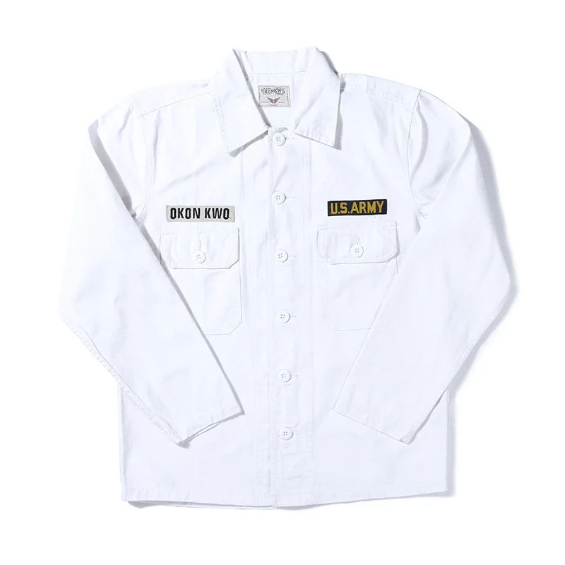 Men's American Military Style Men's Long Sleeve Shirt Solid Color White Shirt
