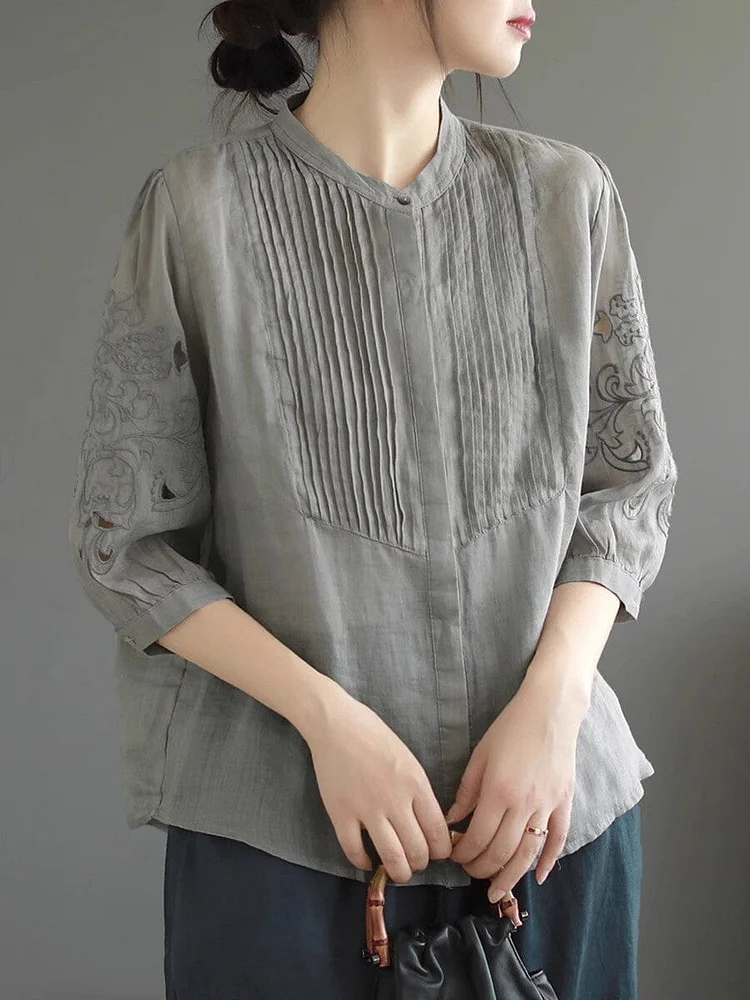 Summer Retro Minimalist Embroidery Linen Blouse