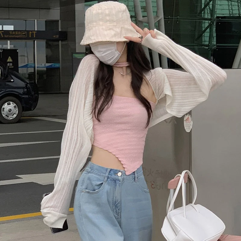 Sexy Knitting Shrugs Women Chic Crop Tops Basic Bolero All Match Loose Sun Protection Translucent Fashion Knitwear Long Sleeve