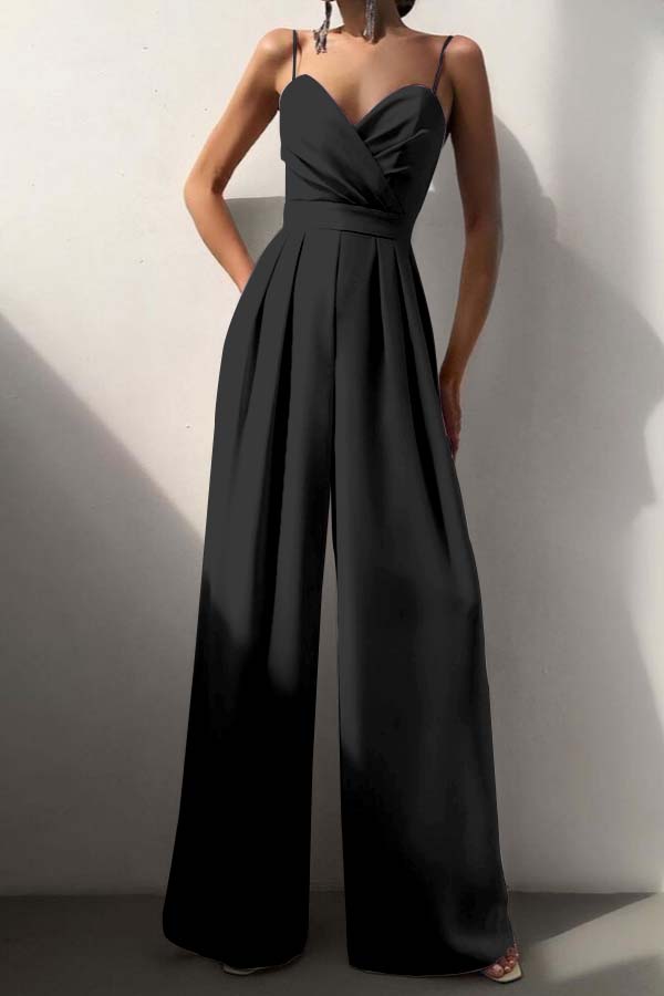 Hidais Chic Lilac Sweetheart Spaghetti Strap Sleeveless Pleated Long Wid-Leg Jumpsuit