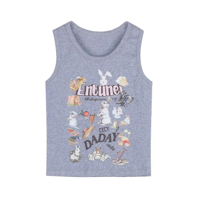 Nncharge Cartoon Tanks Crop Tops Slim Fit Summer Short Y2k Rabbit Vintage Print Camis Women Sleeveless Tank Chic High Waist