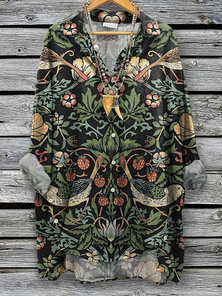 Women's Retro Flowers Art Print Casual Cotton And Linen Shirt