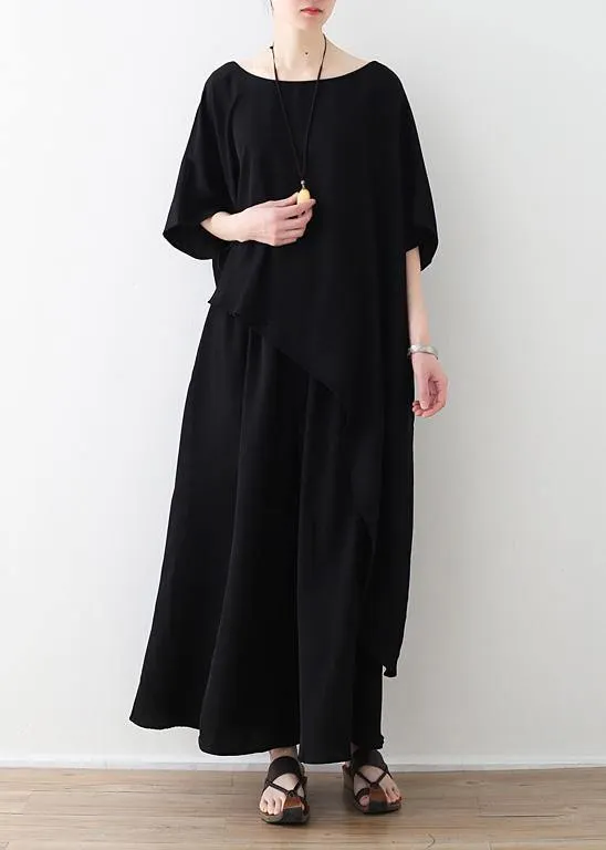 Chic black clothes 2019 Fabrics tops and wide leg pants asymmetric Plus Size Clothing Summer two pieces