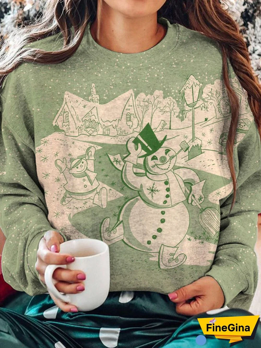 Winter Snowman Print Round Neck Long Sleeve Top