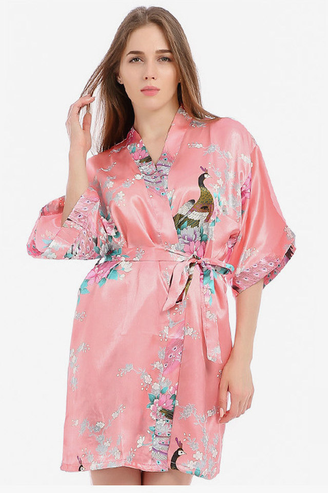Silk Short Kimono Peacock Print Sleepwear