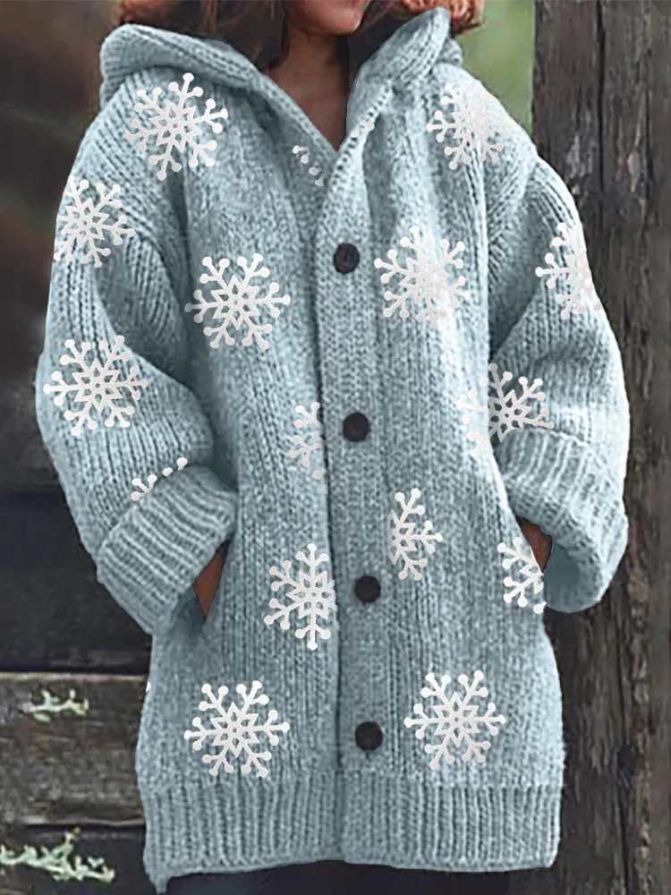 VChics Snowflakes Plush Pattern Cozy Knit Hooded Cardigan