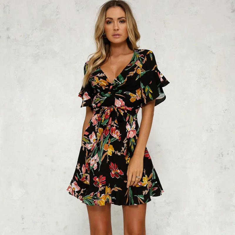 Women Boho Short Mini Dress Summer Floral Printed V-Neck Bow Knot Beachwear Sundress Ladies Short Sleeve Ruffles Loose Vestidos