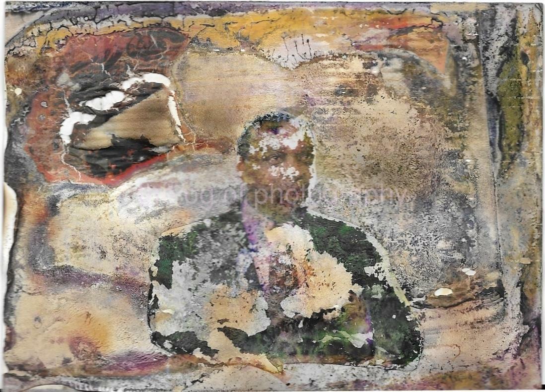 FOUND ABSTRACT Photo Poster painting WITH AN IMAGE OF A MAN APPLIED distressed COLOR 111 24 B