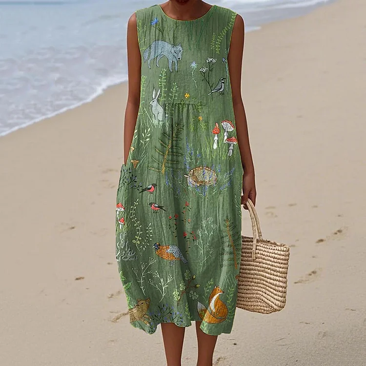 Simpfit Damen Vintage Blumen Bienen Kunstdruck Nachahmung aus Baumwolle und Leinen Tank Kleid