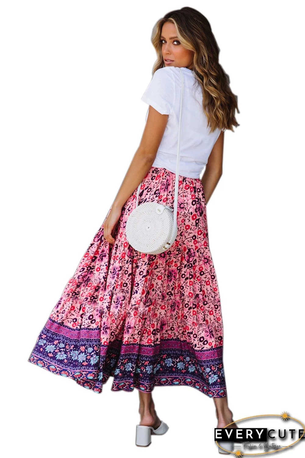 Purple Elastic Waist Floral Maxi Skirt