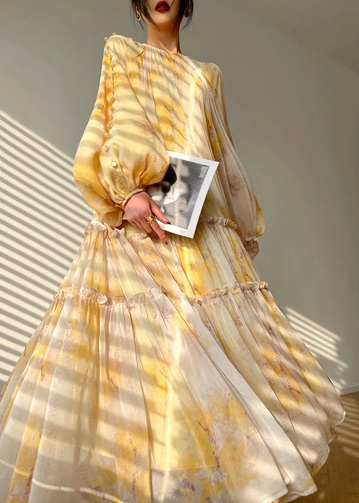Vogue Yellow O-Neck Print Tie Waist Chiffon Maxi Dresses Long Sleeve