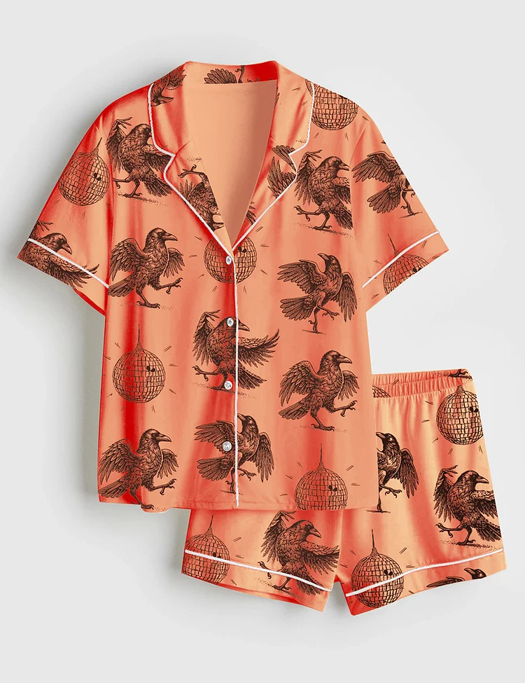 Women&rsquo;s Murder on the Dance Local Murder Vintage Raven Witchy Crow Dark Academia Trendy Short Sleeve Satin Pajama Set