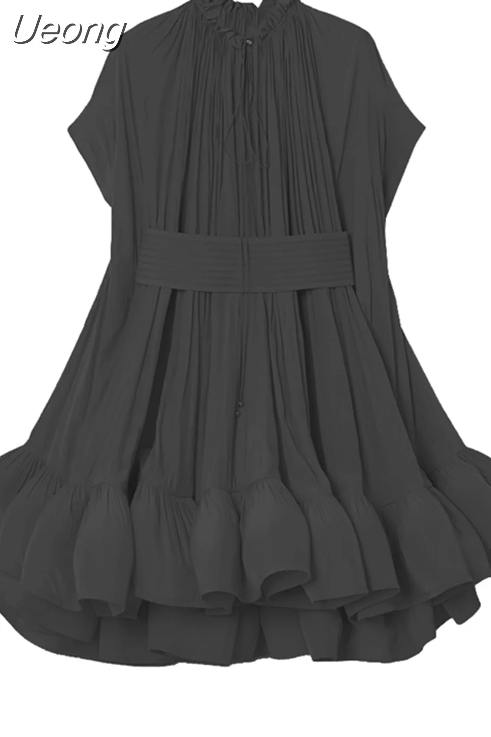 Ueong Asymmetrical Solid Mini Dresses For Women Round Neck Short Sleeve High Waist Spliced Plieasted A Line Dress Female Summer