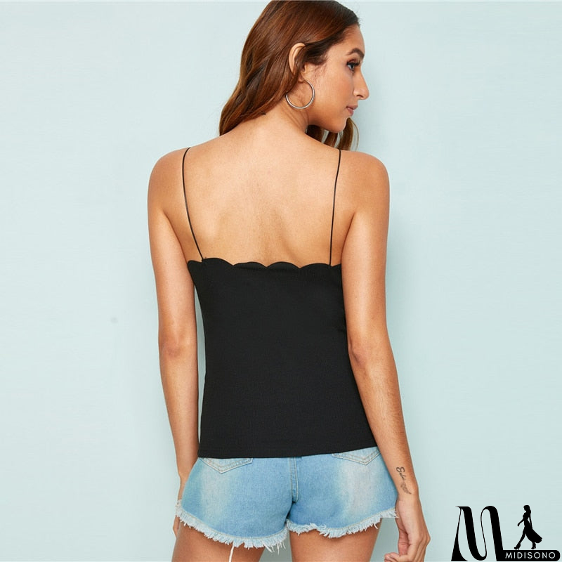 MidiSono - Trim Rib-Knit Top Solid Slim Fit Summer Women Clothing Strap Tops