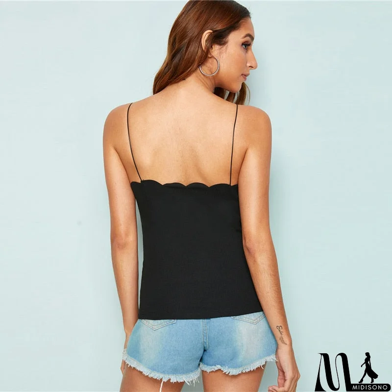 MidiSono - Trim Rib-Knit Top Solid Slim Fit Summer Women Clothing Strap Tops