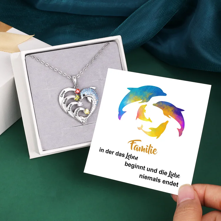 4 Namen Delphin Kette mit Geschenkkarte - Familie, in Der Das Leben Beginnt und Die Liebe Niemals Endet