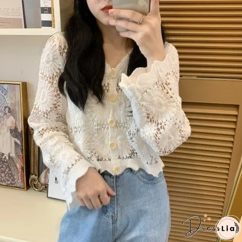 Christmas Gift Women Blouses Solid Shirts Hollow Out V-neck Spring Autumn Long Sleeve Tops