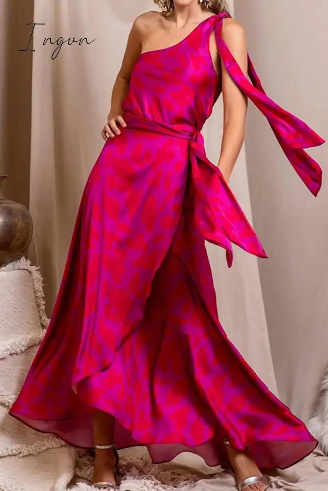 Ingvn - Sexy Print Bandage Asymmetrical Oblique Collar Irregular Dress Dresses Rose Red / S