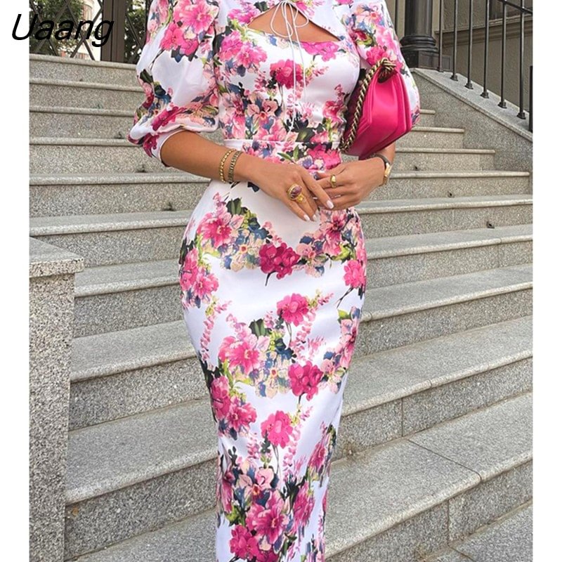 Uaang Women Puff Sleeve Floral Print Frill Hem Cutout Tied Detail Dress