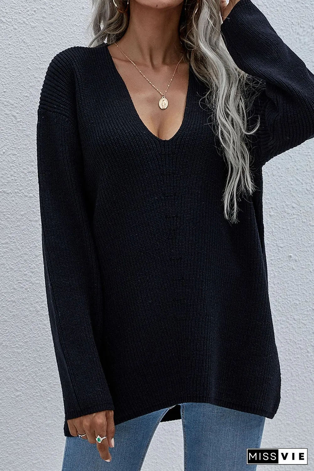 V-neck Long Sleeves Loose Solid Color Pullover Sweater Wholesale
