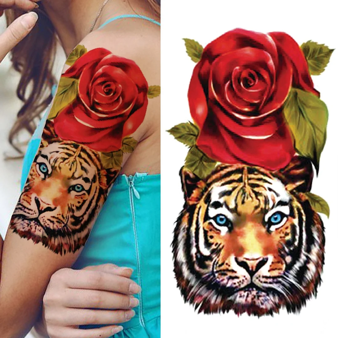 Cross Lion Temporary Tattoo For Women Men Adult Skull Tiger Wolf Forest Tattoo Sticker Black Fake Realistic Demon Tatoos Forearm 530-1