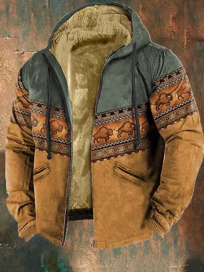 Men'S Retro Western Print Cotton Zipper Outerwear