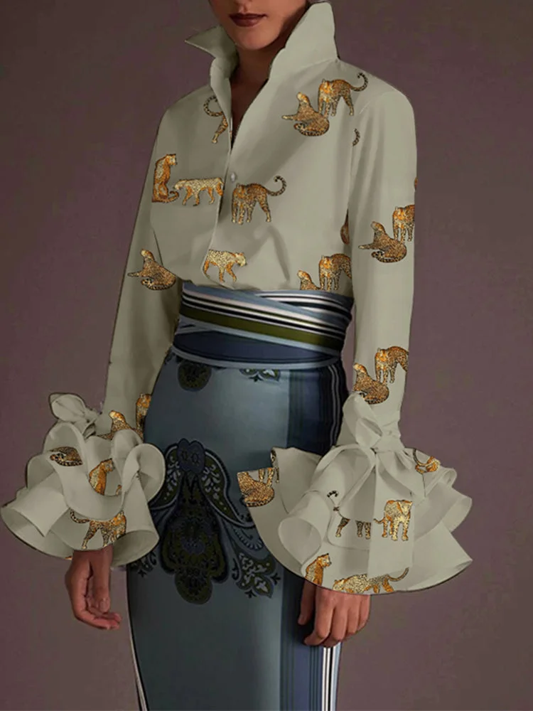 Leopard Print Ruffle Long Sleeve Knotted Lapel Blouse SKUJ13786 QueenFunky