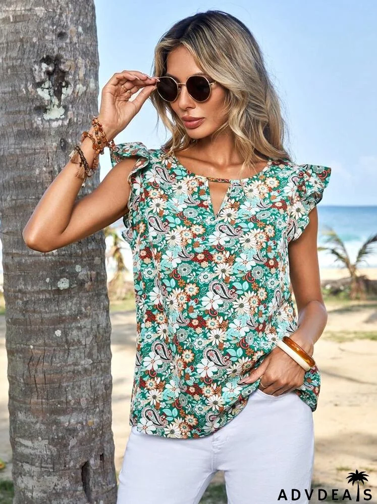 Allover Floral Print Keyhole Neckline Butterfly Sleeve Blouse