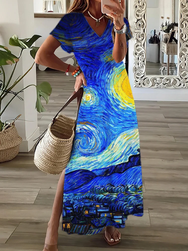 Starry Night Art V Neck Short Sleeve Maxi Dress