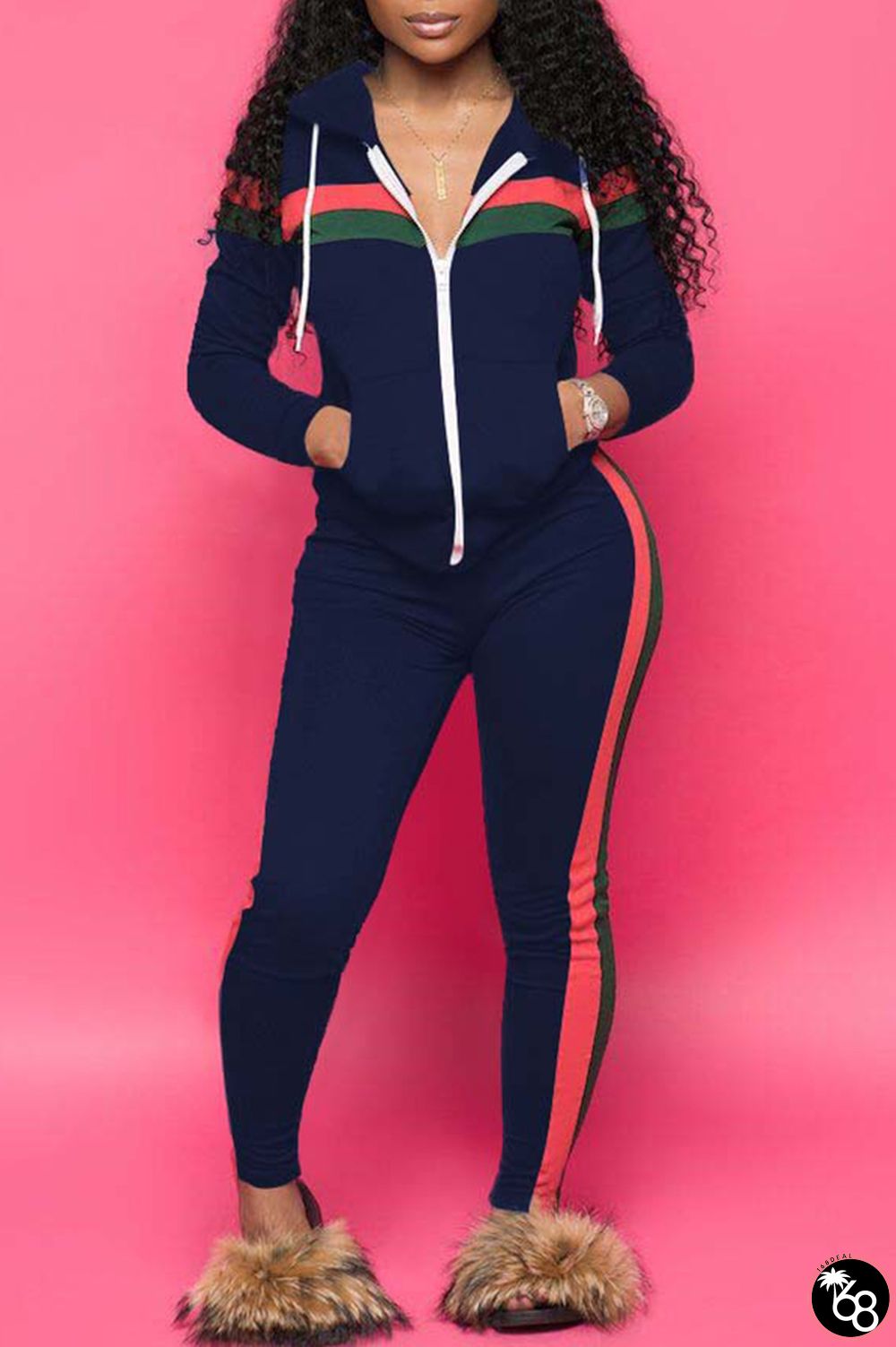 Navy blue Casual Striped Hooded Collar Blending Two-piece Pants Set | 168DEAL