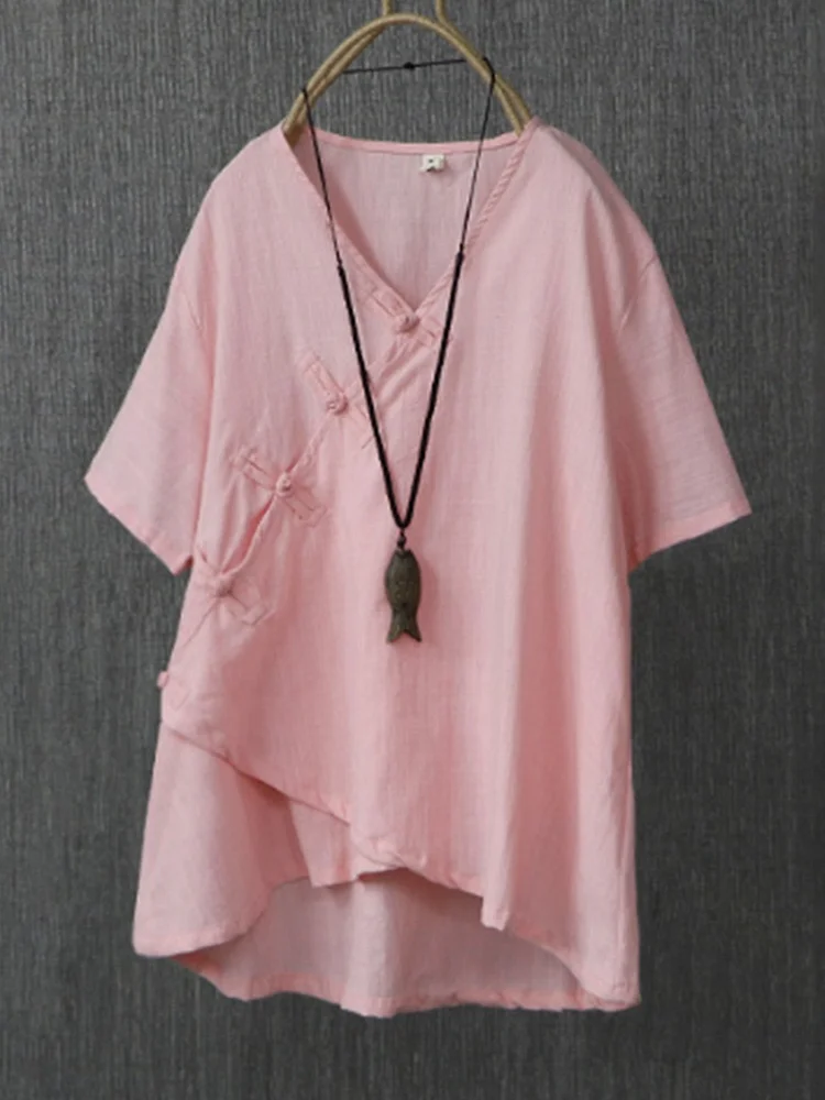 Retro buttoned cotton and linen short-sleeved top