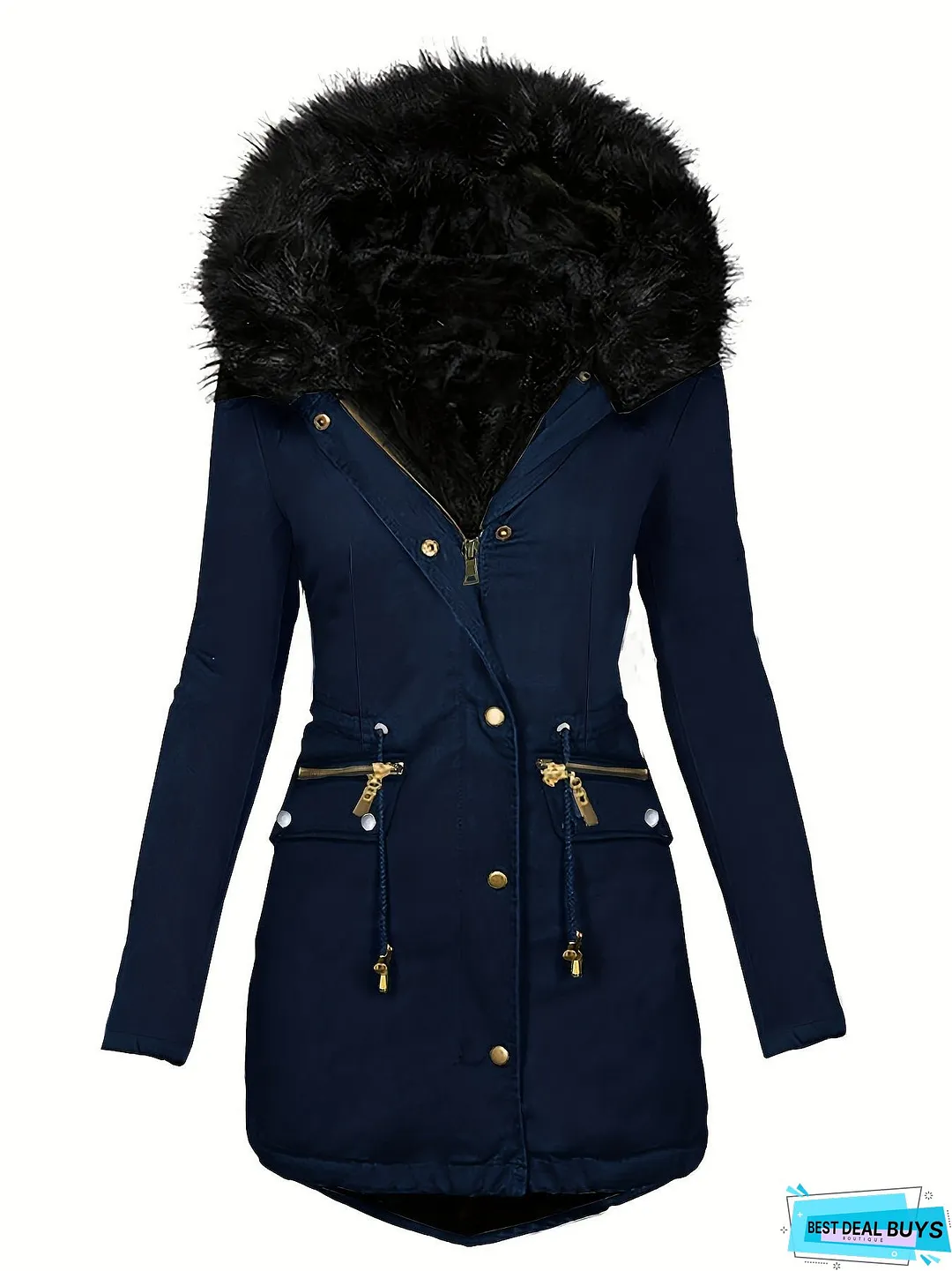 Faux Fur Hood Drawstring Parka Coat, Zip Up Button Front Pocket Thermal Overcoat, Women's Clothing